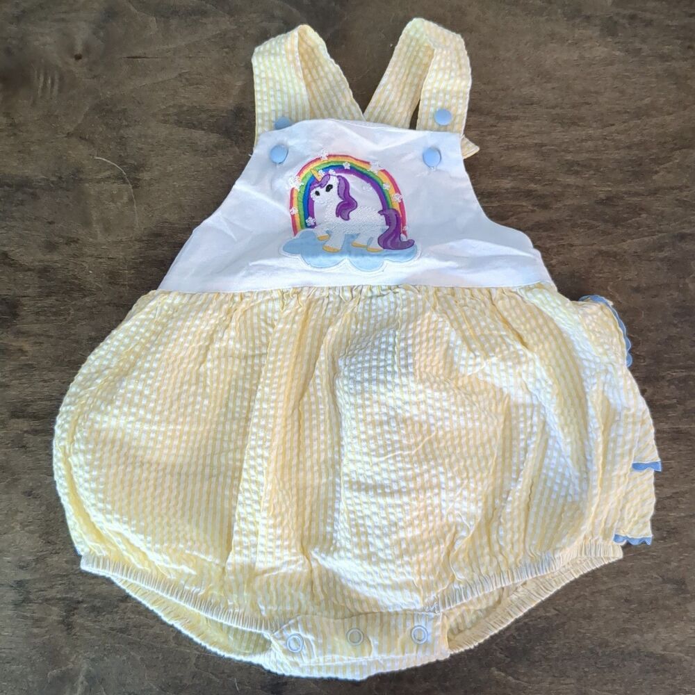 Lil Cactus Rainbow Unicorn Yellow Seersucker Bubble Romper 12-18 Months